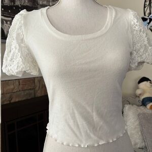 White Fitted Crop Blouse with Lace Sleeves